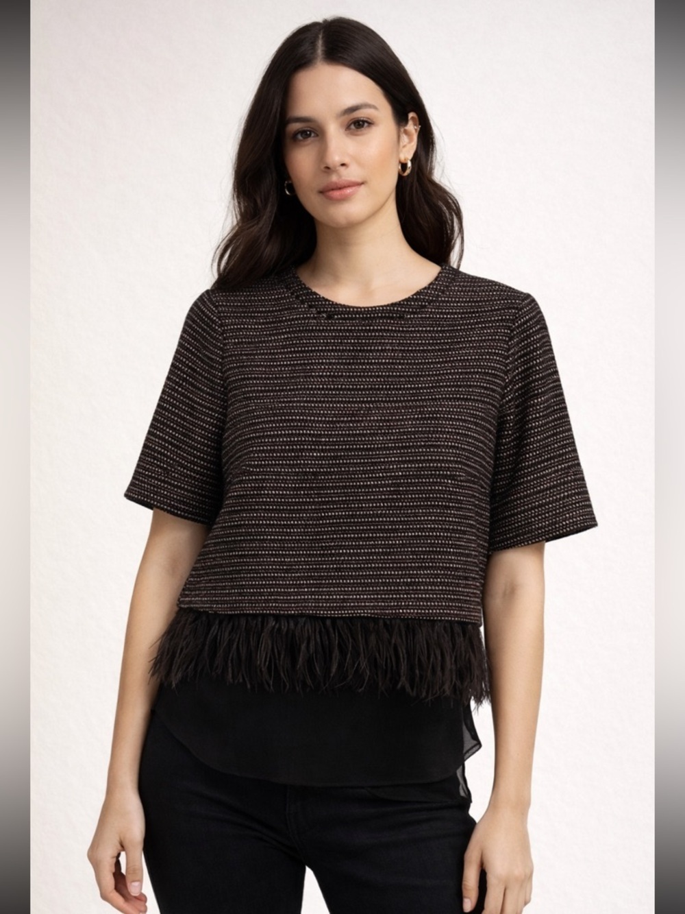 Greylin mixed media Chic Black and White tweed Top with feather​